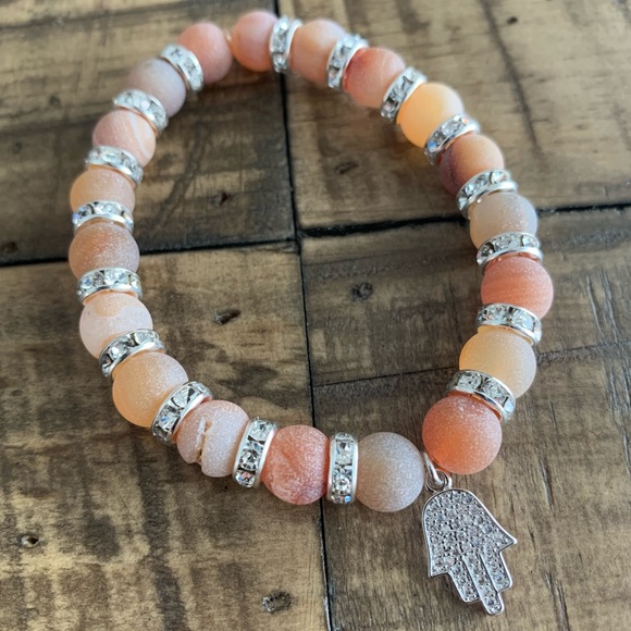 Handmade Jewelry - 8mm Orange Druzy Agate Hamsa Chakra Bracelet